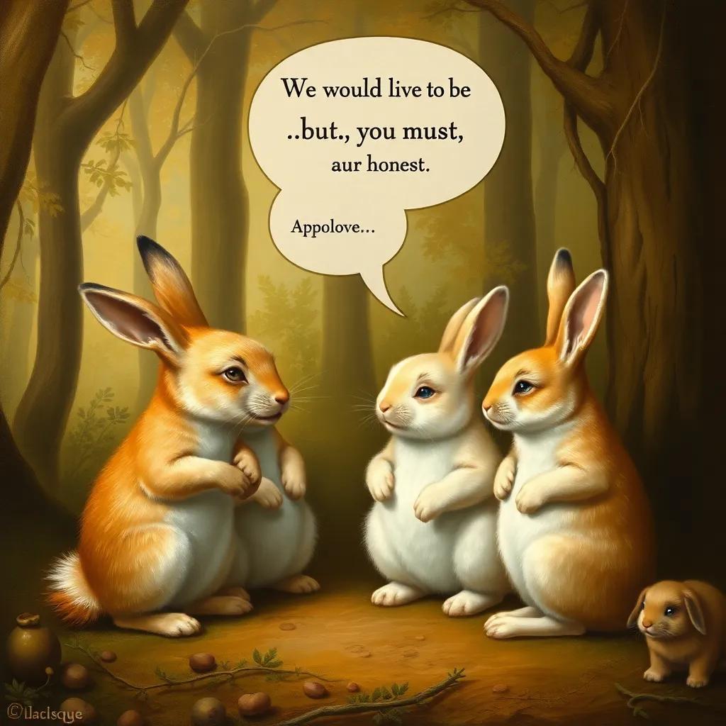 The bunnies considering the fox's apology, one bunny saying, 'We would love to be friends, but you must be honest', warm forest setting, optimistic and friendly, engaging image