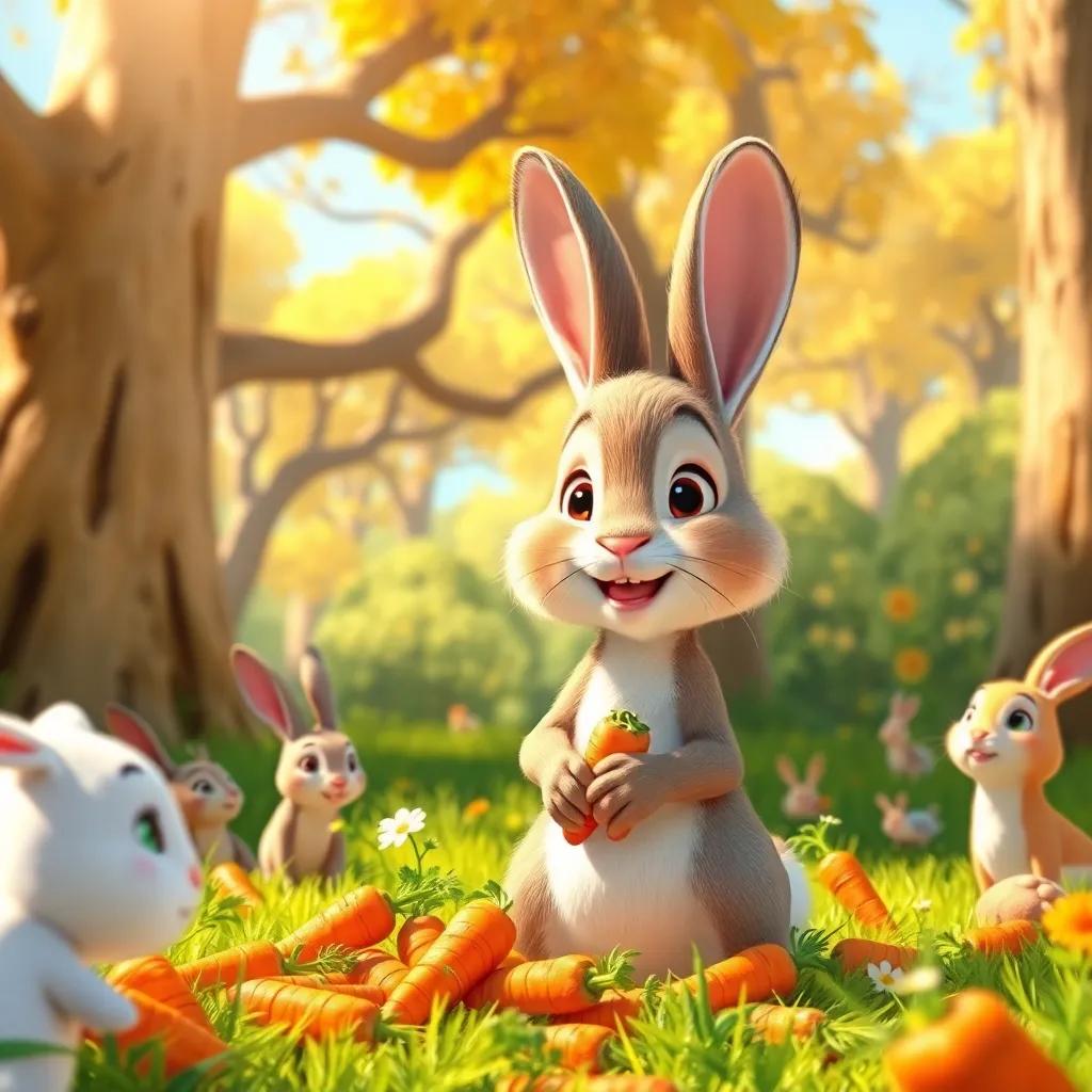 A sunny forest with animals enjoying the warm sunshine, a young rabbit named Hamad gathering carrots with friends, vibrant colors, cheerful atmosphere, high quality