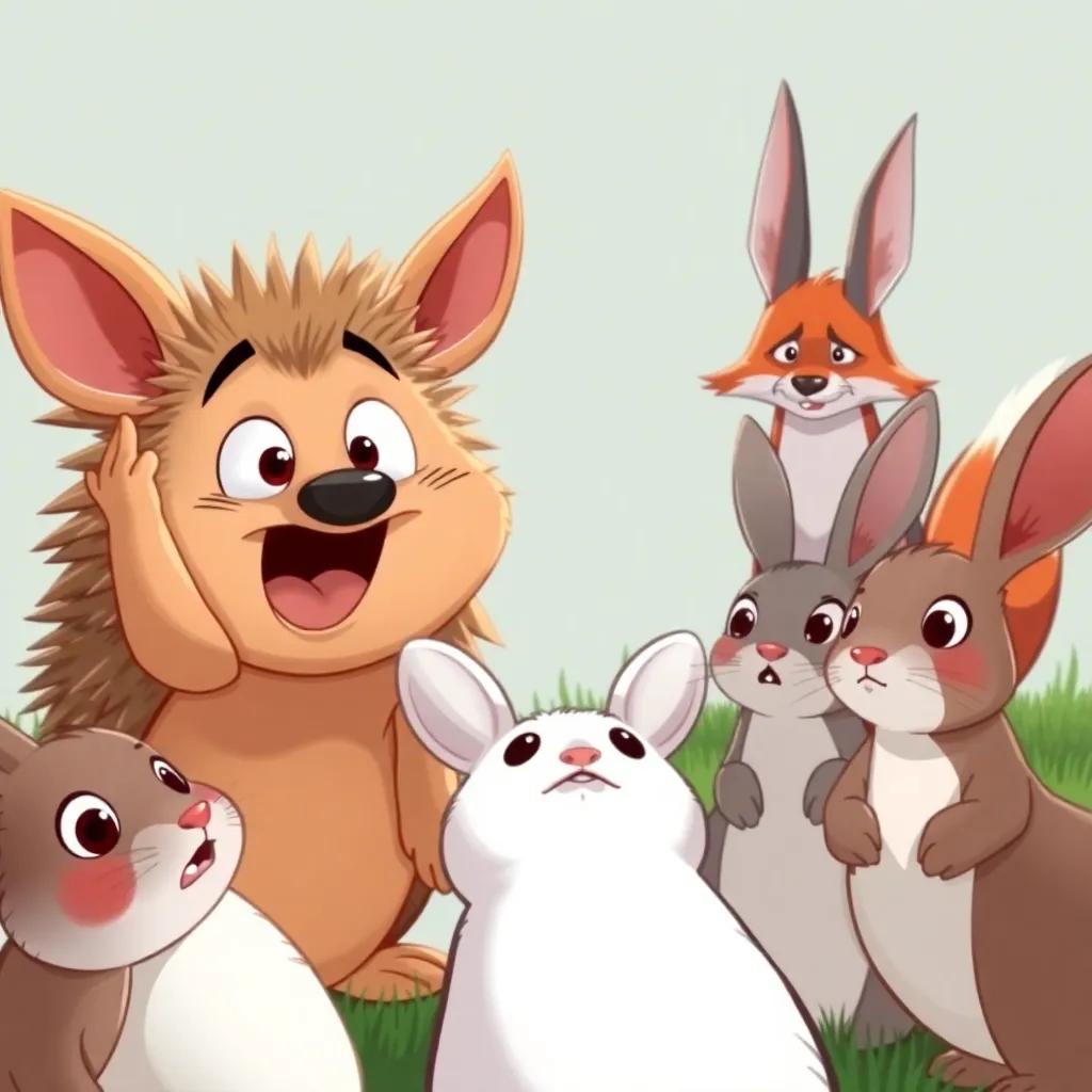 A wise hedgehog warning rabbits, with surprised expressions, a sly fox in the background looking frustrated, detailed illustration, contrast of emotions, high quality