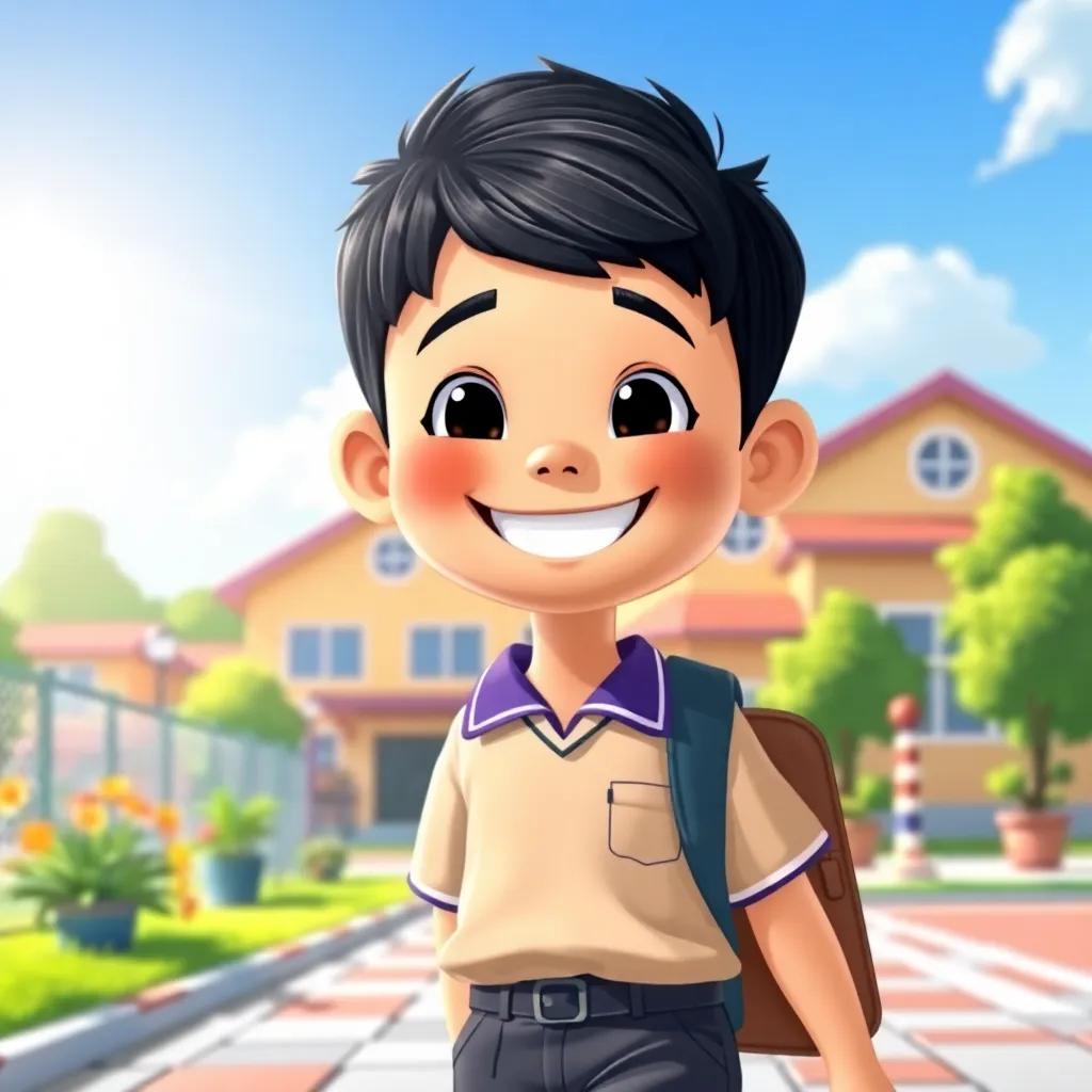 A happy boy, Hamed, with short black hair wearing a school uniform, walking to school with a big smile, bright sunshine, colorful school surroundings, digital art, cheerful atmosphere, vibrant colors, focus on joy, high quality