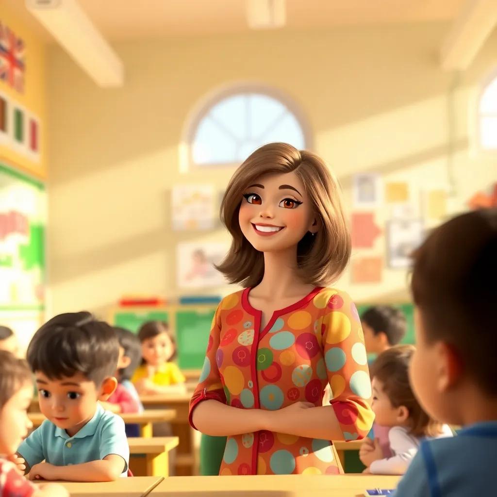 A cheerful teacher, Enas, with medium-length brown hair, wearing a colorful blouse, standing in a bright classroom filled with children, giving a lesson on shapes, warm light, lively colors, inviting view, high quality