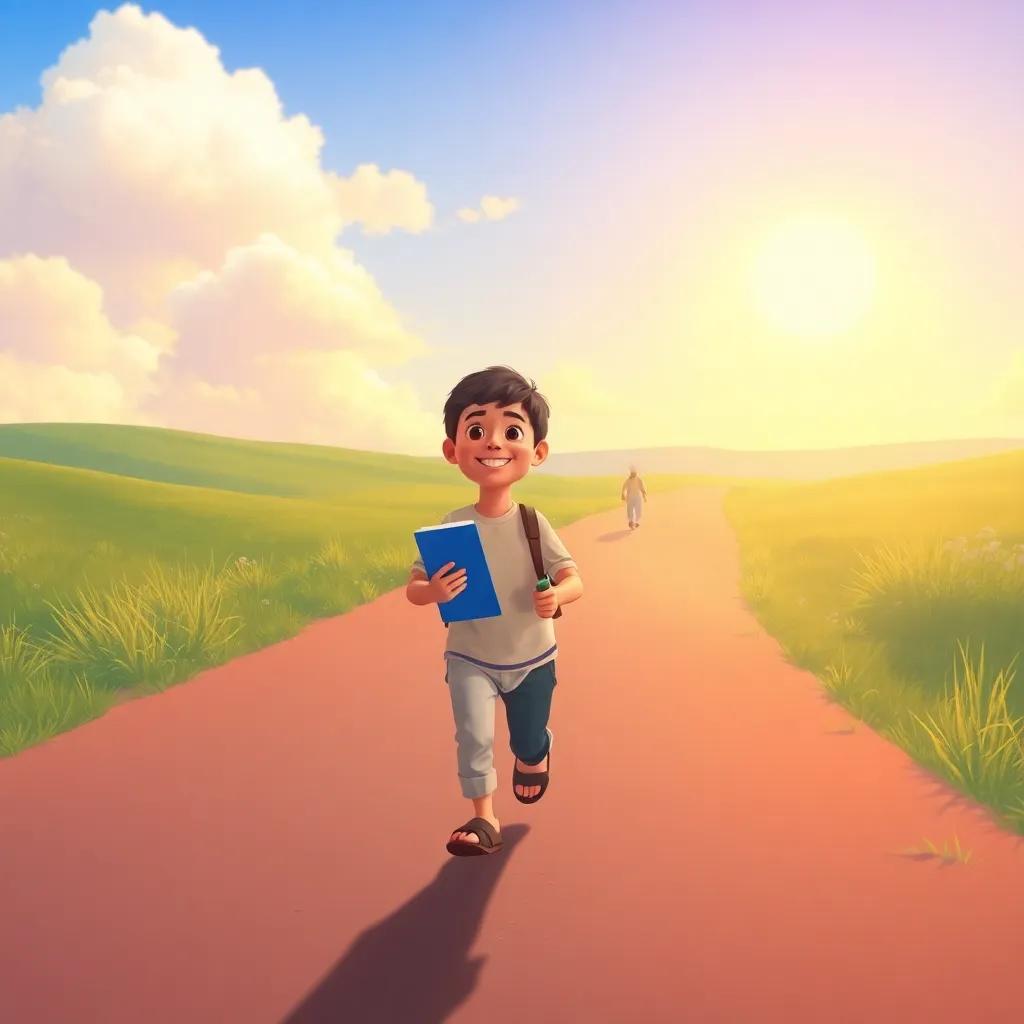 A bright morning with sunlight shining, a young Arab boy, Hamad, excitedly walking on a wide path with a notebook and a big dream, cheerful atmosphere, warm colors, digital art, vibrant mood, high quality