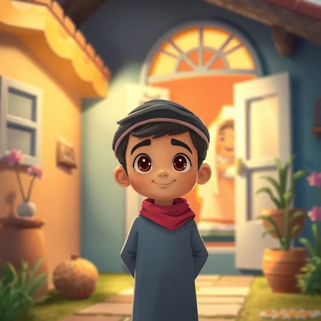 Hamad, a young Arab boy, standing in front of his cozy home, looking inspired, a loving environment with his mother appearing in the background, inviting atmosphere, warm light, illustration, child-friendly