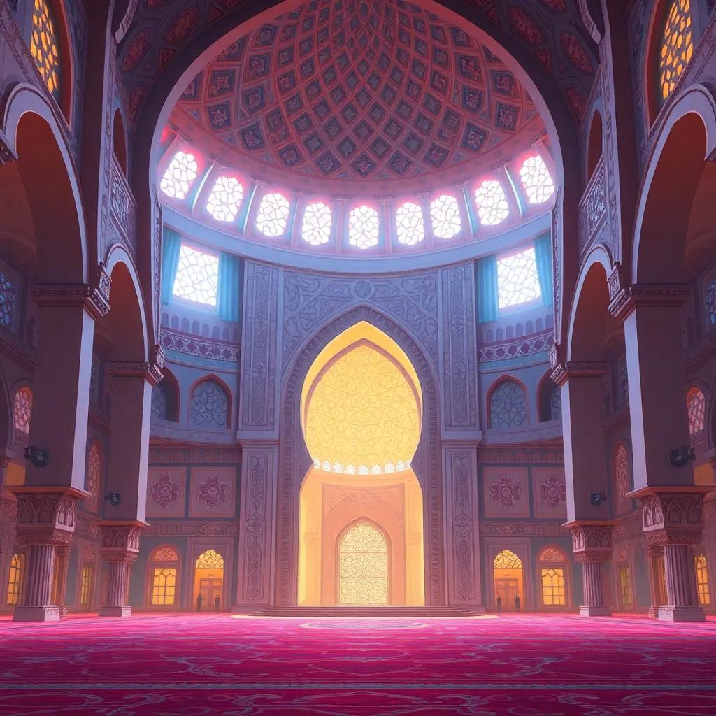 A beautiful mosque, the House of the Merciful, showcasing intricate designs, Hamad feeling the warmth of love and faith inside, serene colors, peaceful setting, digital painting, comforting