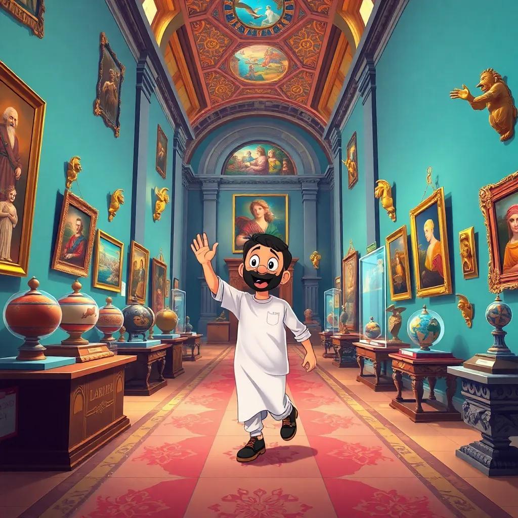 Hamad excitedly stepping into a museum filled with historical treasures, colorful artifacts, and paintings, surrounded by awe-inspiring architecture, lively, vibrant colors, illustration, engaging scene in high quality