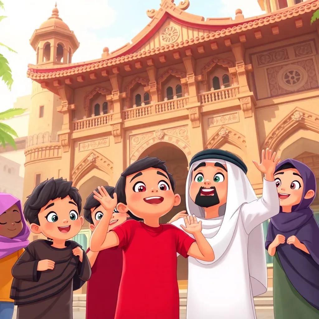 Hamad and his friends admiring a traditional architectural building, excited expressions, a rich heritage atmosphere, vivid colors, inviting surroundings, illustration, cheerful, child-friendly