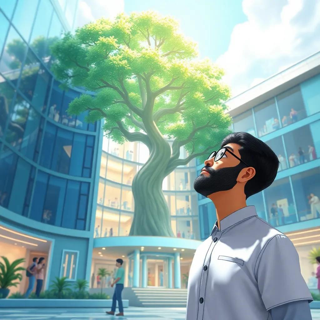 A modern medical building, the Tree of Medicine, buzzing with activity, Hamad gazing in wonder, bright and hopeful colors, digital art, inspiring atmosphere, high quality