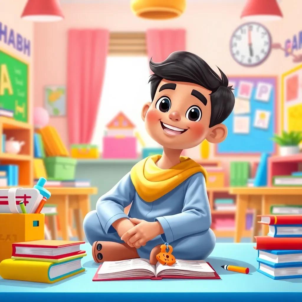 Hamad sitting in a colorful classroom, surrounded by learning materials, joyful and eager to learn, bright and vibrant colors, illustration, educational and fun