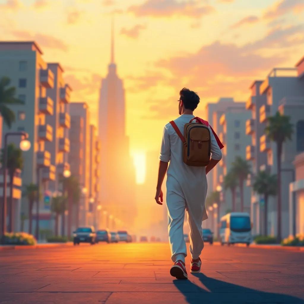 Hamad walking back home, filled with pride, the beautiful city architecture behind him, a feeling of accomplishment and happiness, colorful sunset, digital painting, uplifting