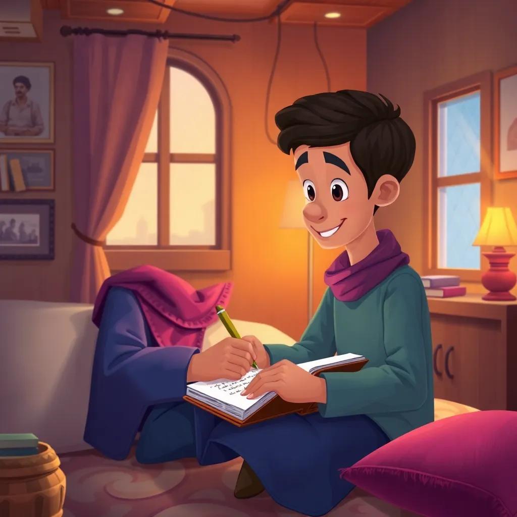 Hamad writing in his notebook, reflecting on his journey, his cozy room waiting for his stories, warm light and happy colors, illustration, child-friendly