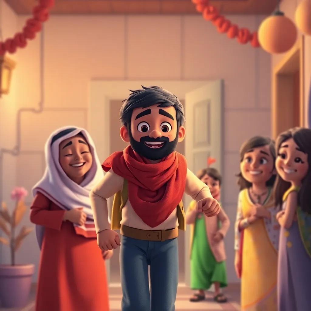 Hamad returning home, his family waiting with smiles, a feeling of joy and a sense of achievement in the air, colorful and warm atmosphere, digital art, heartwarming scene