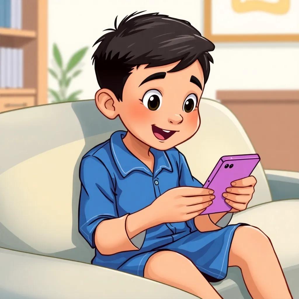 A young Emirati boy, Hamad, with short black hair, wearing a blue school uniform, sitting on a couch with a smartphone in his hands, looking excited while gaming, digital art, bright colors, cheerful atmosphere, high quality