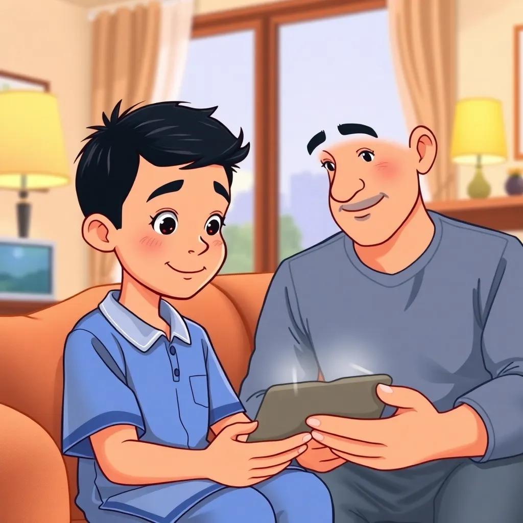 Hamad, a young Emirati boy with short black hair in a blue school uniform, sitting with his father in a cozy living room, discussing digital safety with thoughtful expressions, illustration, warm light, friendly tones, high quality