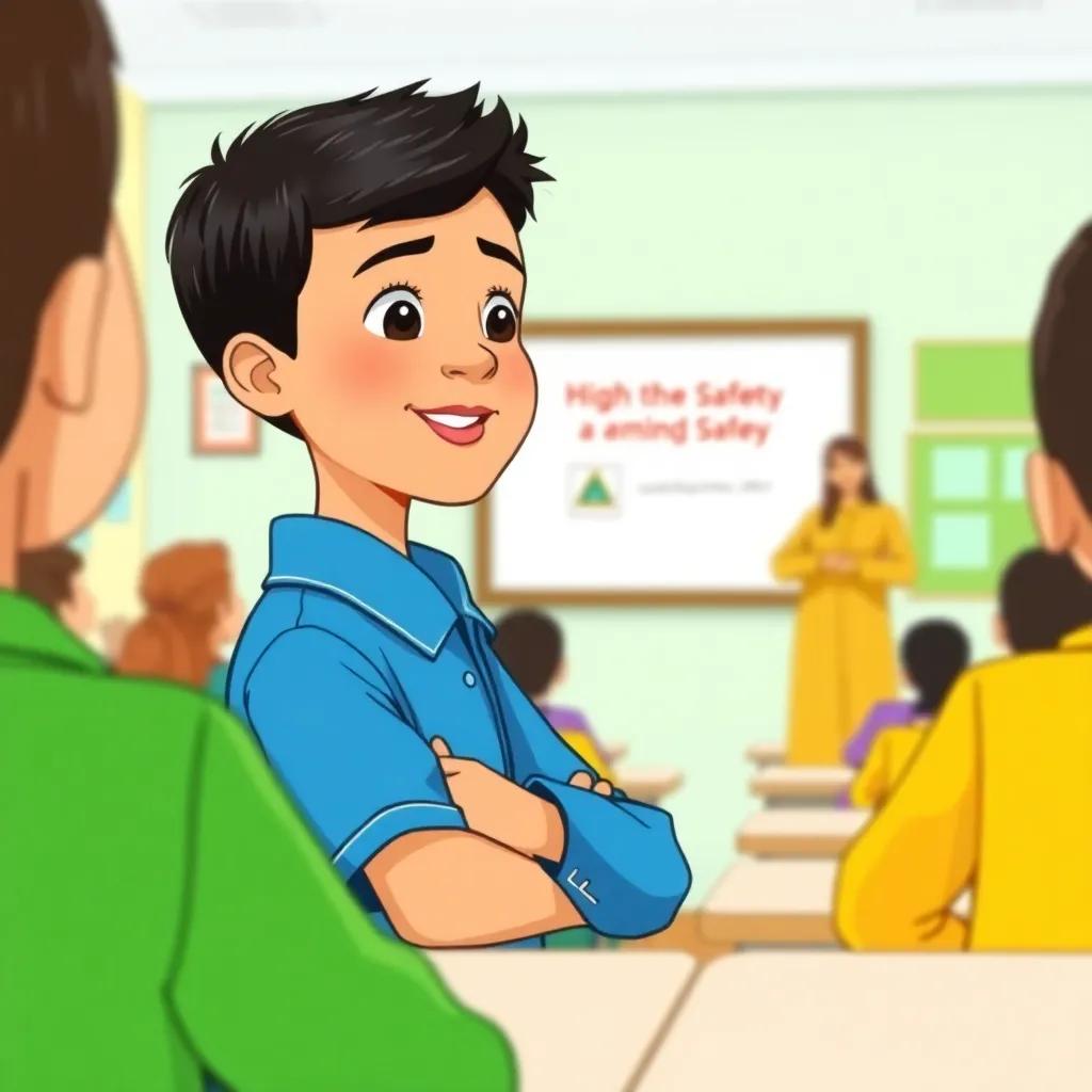 Hamad, a young Emirati boy with short black hair, wearing a blue school uniform, attending a digital safety workshop in a bright classroom, focused on the teacher who explains digital safety, engaging environment, uplifting colors, high quality