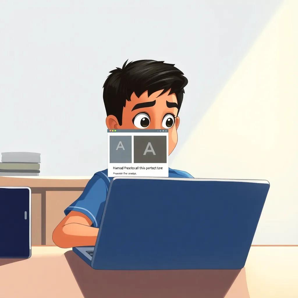 Hamad, a young Emirati boy with short black hair in a blue school uniform, browsing the internet on his laptop, with a suspicious ad pop-up, looking determined as he closes the tab, digital painting, bright light, vivid details, high quality