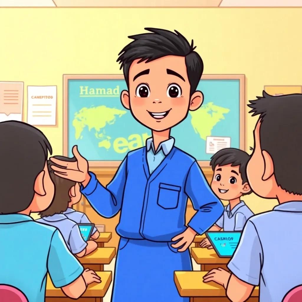 A proud young Emirati boy, Hamad, with short black hair in a blue school uniform, presenting to a group of classmates about digital safety, vibrant classroom, interactive and lively atmosphere, joyful colors, high quality