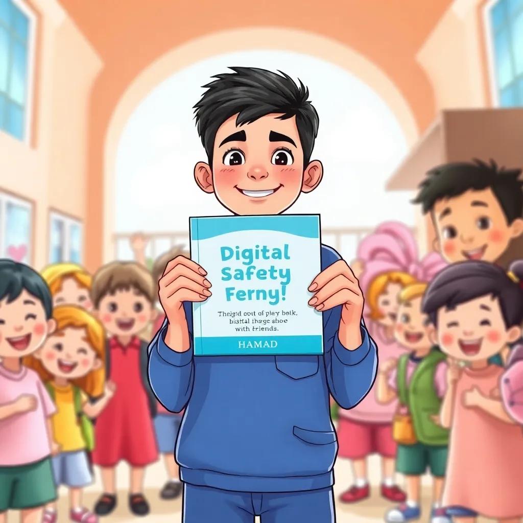 Hamad, a young Emirati boy with short black hair in a blue school uniform, proudly holding a digital safety guidebook with friends, surrounded by cheerful classmates in the schoolyard, celebration, bright colors, high quality