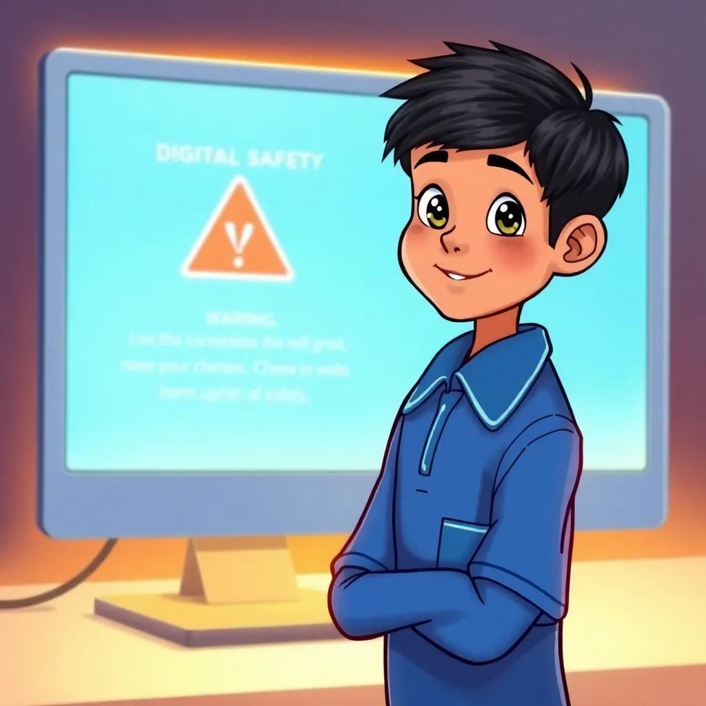 Hamad, a young Emirati boy with short black hair in a blue school uniform, standing in front of a computer screen that shows a warning about digital safety, looking confident and responsible, digital art, warm glow, educational theme, high quality
