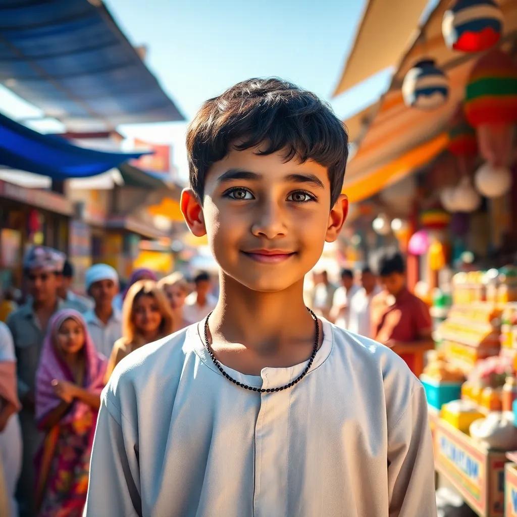 A young Arab boy, Hamza, with short black hair, wearing a traditional white thobe, standing in a vibrant village marketplace, surrounded by excited villagers, sunlight shining brightly, colorful stalls in the background, modern digital art, cheerful atmosphere, high quality