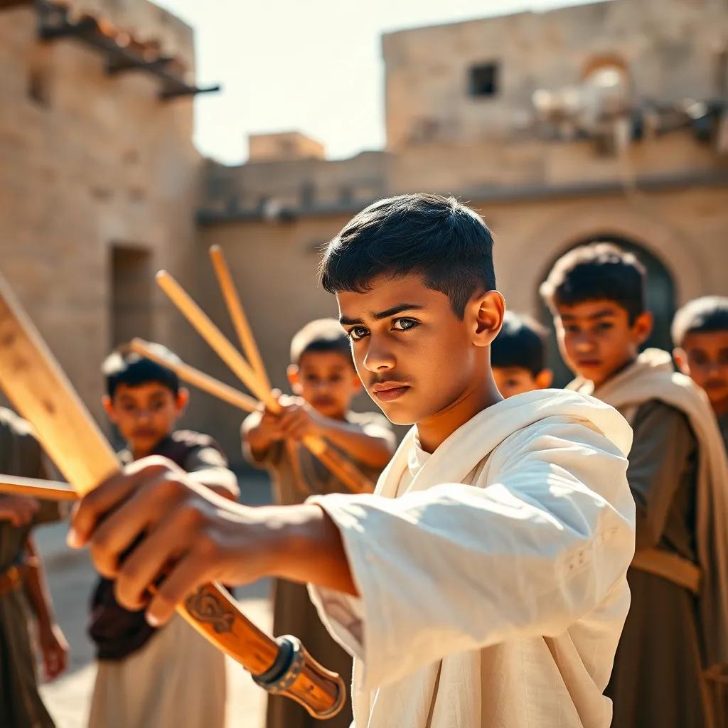 Hamza, a young Arab boy with short black hair wearing a white thobe, training a group of children in a village courtyard, teaching them to wield wooden swords, strong sunlight illuminating their determined faces, warm color tones, engaging composition, high quality