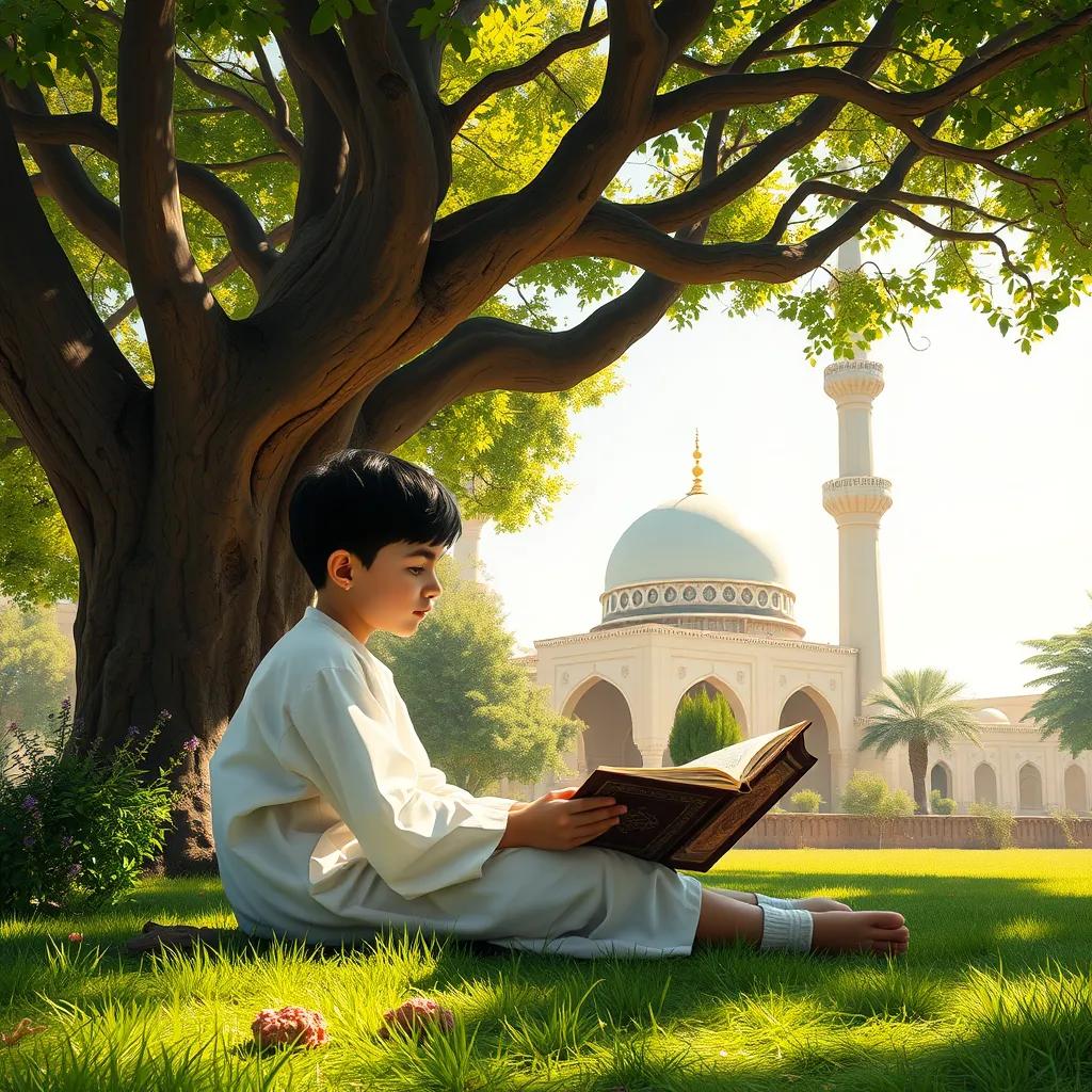 A young Arab boy, Hamza, with short black hair, wearing a white thobe, sitting under a large tree outside a mosque, reading from a Quran, in a green garden, bright sunlight, warm atmosphere, digital art, high quality