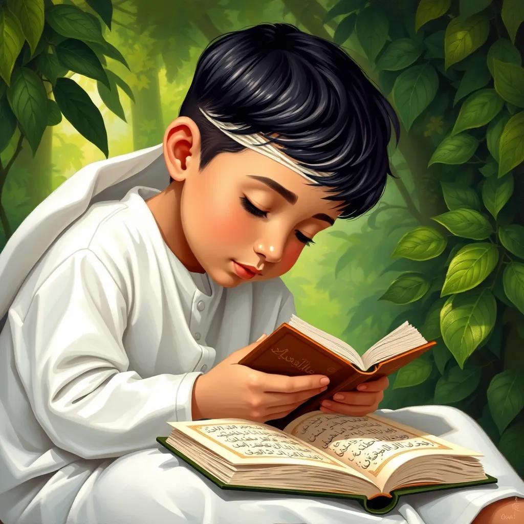 Hamza, a young Arab boy with short black hair in a white thobe, studying diligently with a Quran open on his lap, surrounded by lush greenery, peaceful and focused, illustration, vibrant colors, child-friendly scene