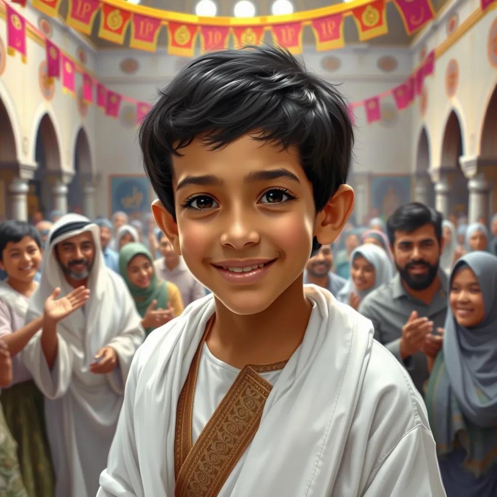 Hamza, a young Arab boy with short black hair in a white thobe, celebrating with villagers in a mosque courtyard, everyone smiling and clapping, decorated with colorful banners, joyous occasion, colorful, inviting atmosphere