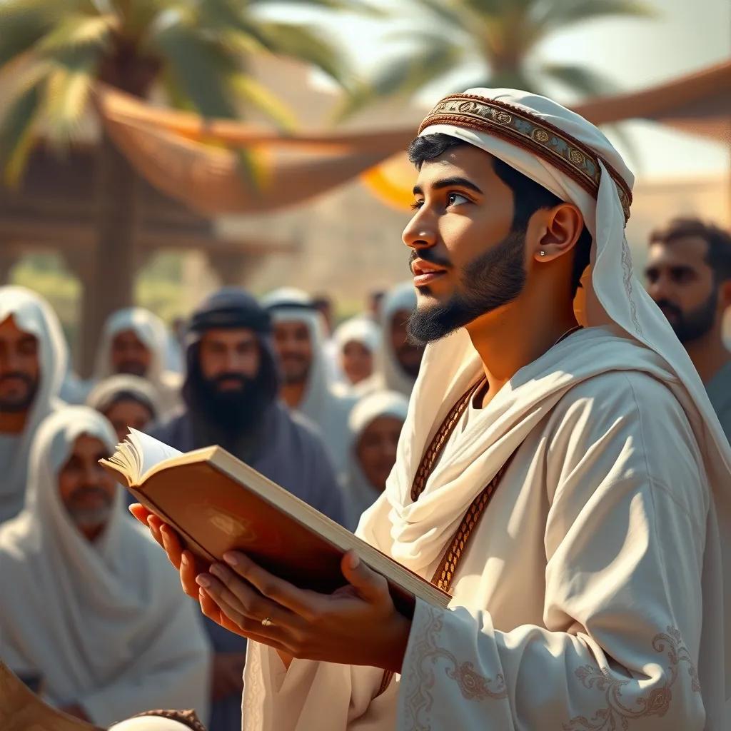 Young Hamza, reading verses from the Quran at his celebration, wearing a white thobe, the audience listening attentively, warm outdoor setting, excitement and pride, digital painting, realistic, uplifting