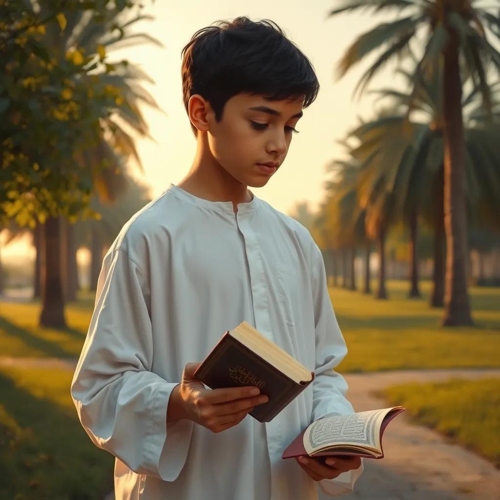 Hamza, a young Arab boy with short black hair in a white thobe, reflecting quietly in a serene park, with a Quran in hand, feeling connected to his spirituality, soft sunset light, peaceful and inspiring, artistic