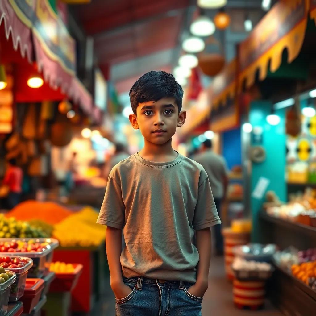 A young Arab boy, Hamza, with short black hair wearing a simple t-shirt and jeans, standing confused in a lively market, colorful stalls around him, asking a stranger his name, digital art, warm colors, enriching market atmosphere, friendly and engaging scene, wholesome
