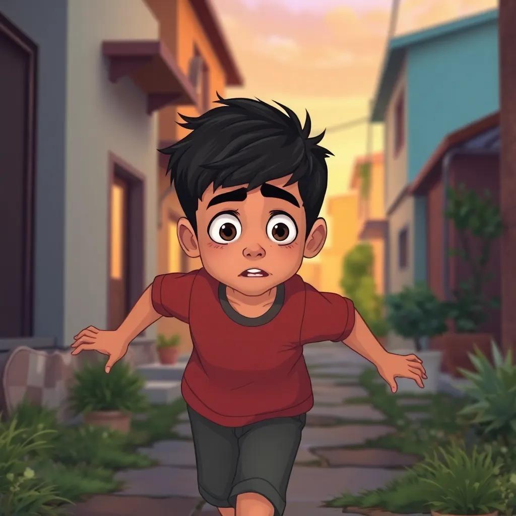 Hamza, a young Arab boy, with short black hair in casual clothes, running home with worried expression, with his mother visible in the background, a cozy neighborhood, illustration, vibrant colors, warm and safe feeling, story-focused angle
