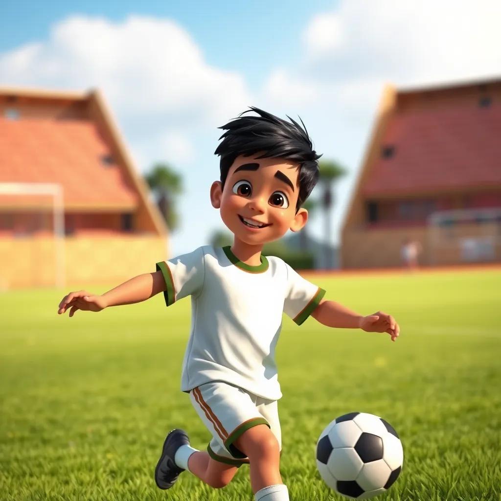 A young Arab boy, Hamza, with short black hair, wearing a simple sports t-shirt and shorts, playing soccer on a green field, sunny day, cheerful atmosphere, digital art, vibrant colors, high quality