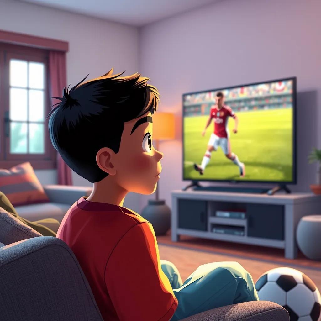 Hamza, a young Arab boy with short black hair, watching Cristiano Ronaldo on TV, with wide eyes of admiration, sitting in a cozy living room with a soccer ball nearby, colorful, warm light, illustration, inspiring