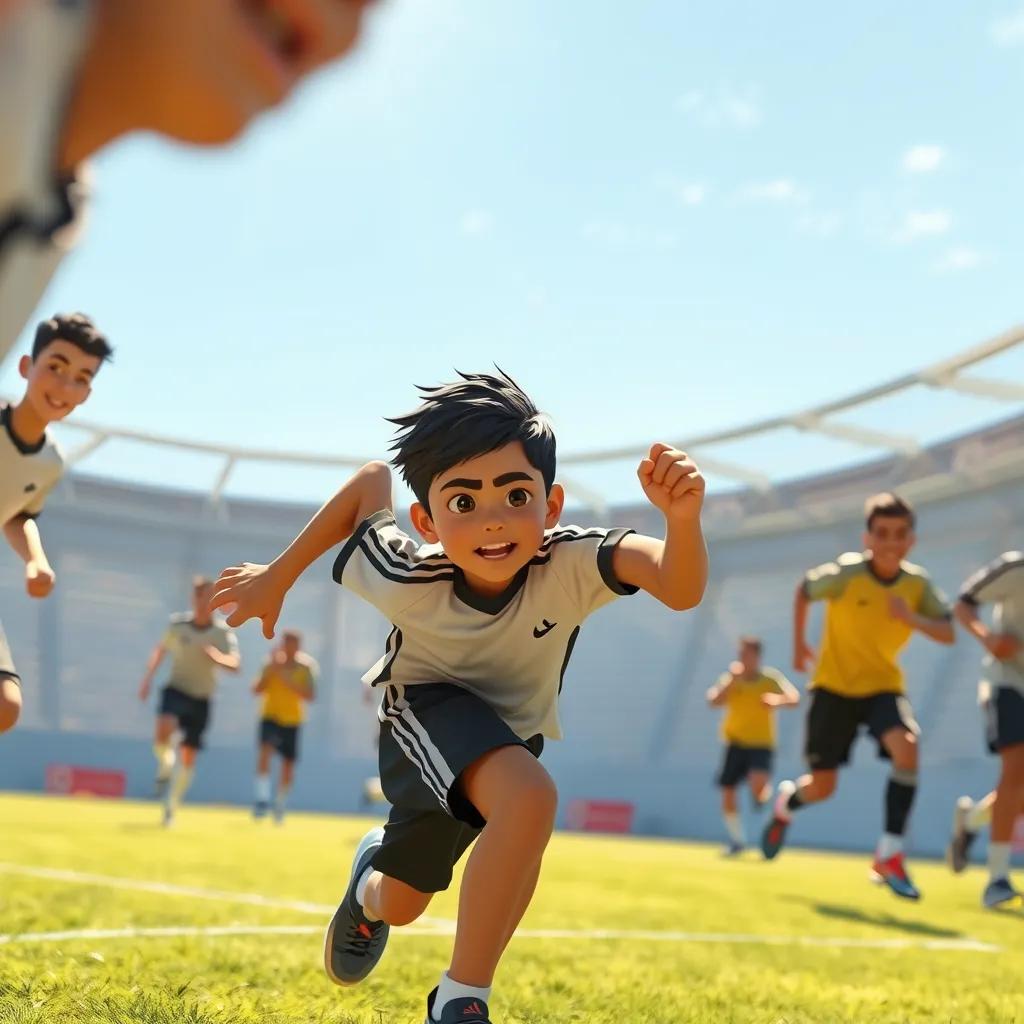 Hamza, a young Arab boy with short black hair, training hard on the soccer field, running and doing exercises, surrounded by friends, bright sunlight, determined expressions, action shot, digital painting, dynamic