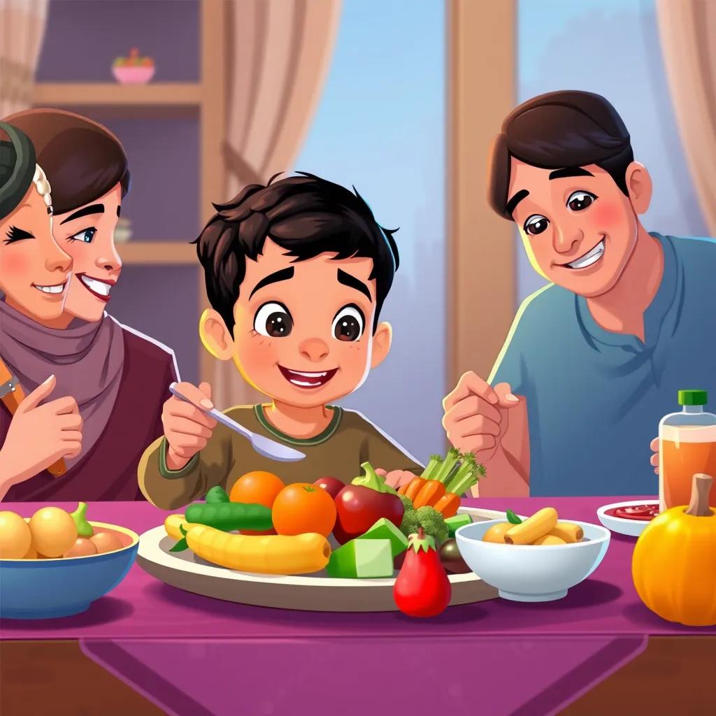 Hamza, a young Arab boy with short black hair, eating a healthy meal with fruits and vegetables at the dinner table with his parents, happy faces, warm family setting, illustration, inviting atmosphere