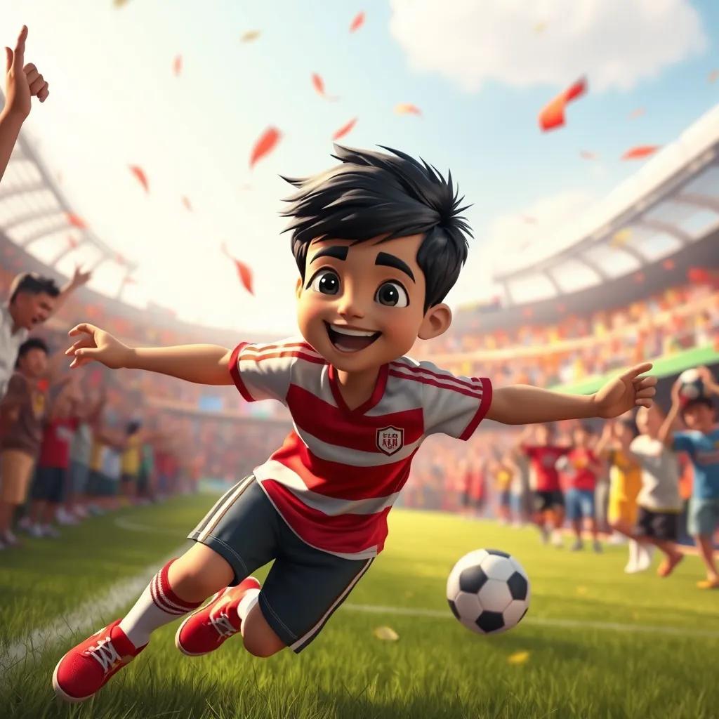 Hamza, a young Arab boy with short black hair, scoring a goal on the soccer field, with fans cheering around him, joyful celebration, vibrant colors, excitement in the air, digital art, energetic moment