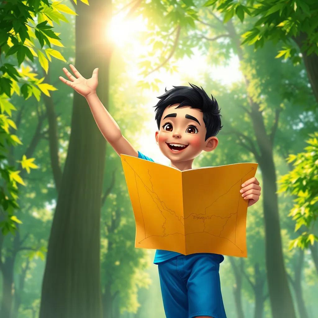 A young Arab boy, Hamoudi, with short black hair, wearing a blue t-shirt and shorts, excitedly holding a treasure map, surrounded by tall green trees, bright sunlight filtering through leaves, digital art, vibrant colors, cheerful atmosphere, high quality