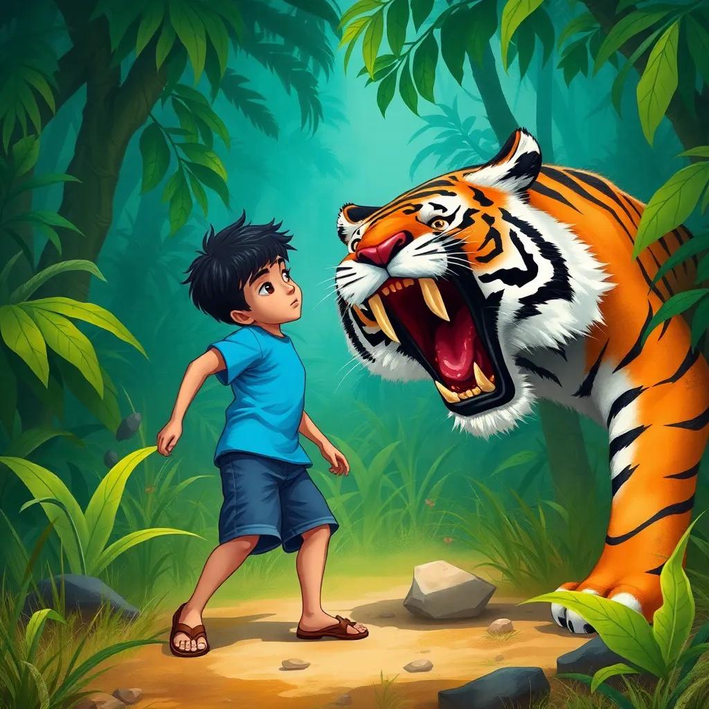 Hamoudi, a young Arab boy with short black hair wearing a blue t-shirt and shorts, bravely facing a hungry tiger in a dense jungle, feeling determined, illustration, adventurous, child-friendly, dynamic perspective, high quality