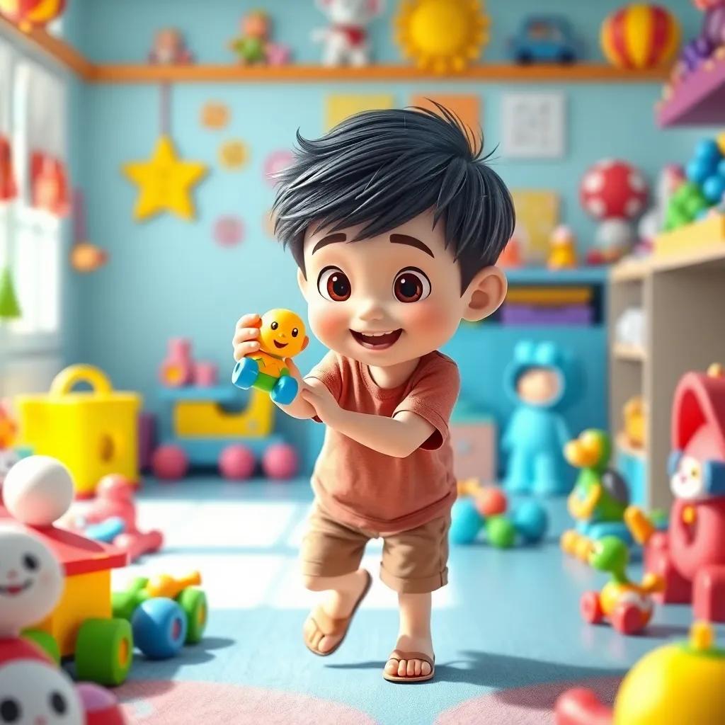 A playful boy, Hamido, with short black hair, wearing a t-shirt and shorts, playfully pulling a toy from his sister's hand in a colorful room filled with toys, bright colors, cheerful scene, digital art, friendly atmosphere, high quality