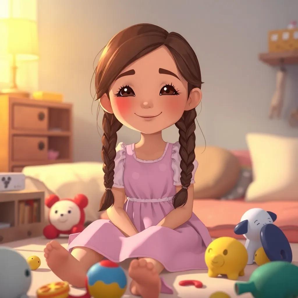 A gentle girl, Asma, with long brown hair in two braids, wearing a pastel dress, smiling softly while sitting on her bed among scattered toys, warm light, inviting environment, illustration, heartwarming scene, child-friendly