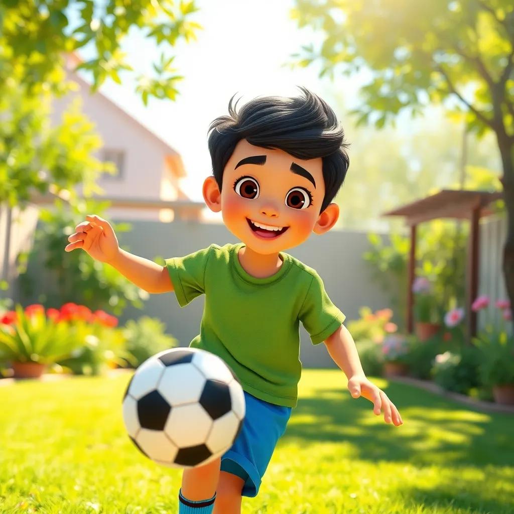 A young Arab boy, Hamid, with short black hair wearing a green t-shirt and blue shorts, practicing soccer kicks in a sunny garden, cheerful atmosphere, vibrant colors, bright sunlight, joyful expression, digital art, high detail