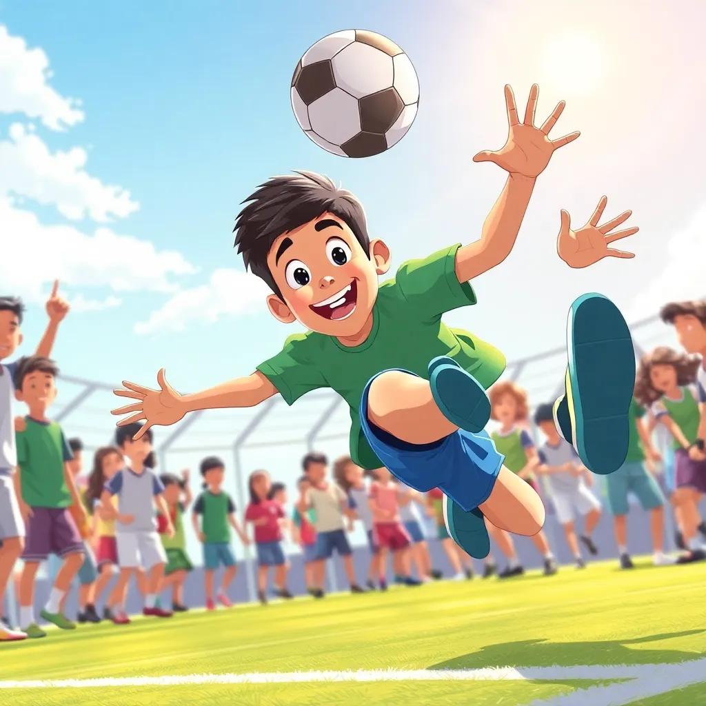 Hamid, a young Arab boy with short black hair in a green t-shirt and blue shorts, diving to save a soccer ball during a school match, surrounded by cheering friends, sunny day, dynamic action, colorful scene, excitement in the air, illustration, high quality