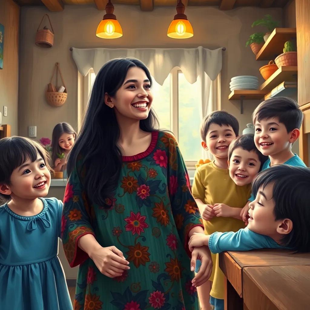 A young Arab woman, Hanan, with long dark hair wearing a colorful dress, laughing while playing with five cheerful children in a cozy kitchen filled with warmth and light, digital art, vibrant colors, joyful atmosphere, high quality