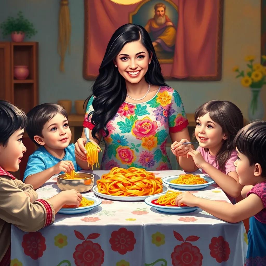 Hanan, a young Arab woman with long dark hair in a colorful dress, smiling as she serves pasta to her five kids at a lively dinner table, family bonding, warm light, cheerful colors, heartwarming scene, high quality