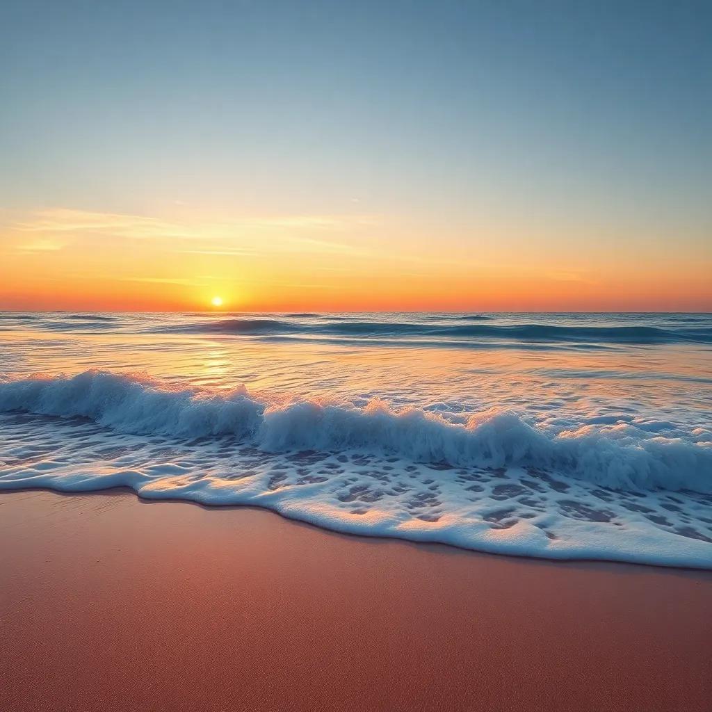 A serene beach during sunset with waves transitioning from the sea, depicting Hanan's reflections on love, with soft golden and pink hues, illustration, peaceful and emotional, high quality