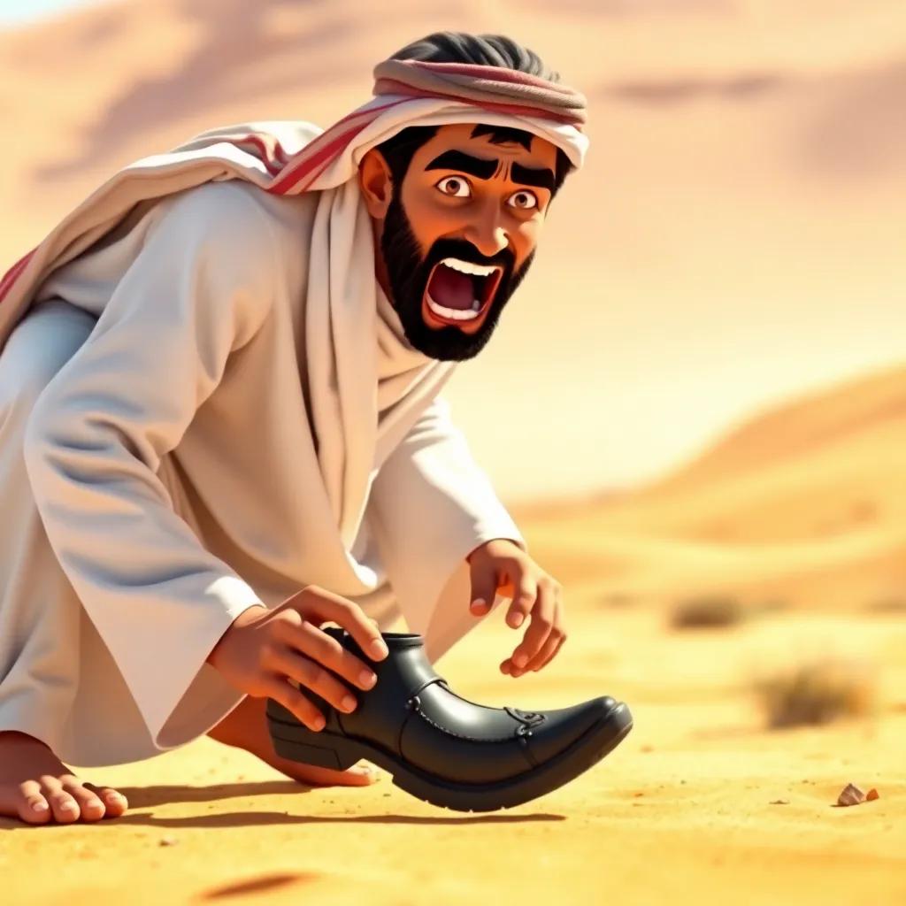 An excited Bedouin man, wearing traditional robes, searching the ground for lost shoes, with a look of determination, bright desert background, sunny day, vibrant colors, storytelling scene, high quality