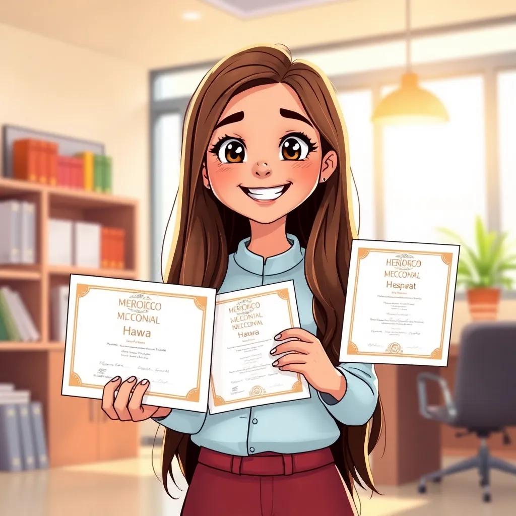 A Moroccan girl, Hawa, with long brown hair and a cheerful smile, holding her certificates in a bright office, feeling excited and hopeful for her future, digital art, vibrant colors, uplifting atmosphere, warm light, high quality