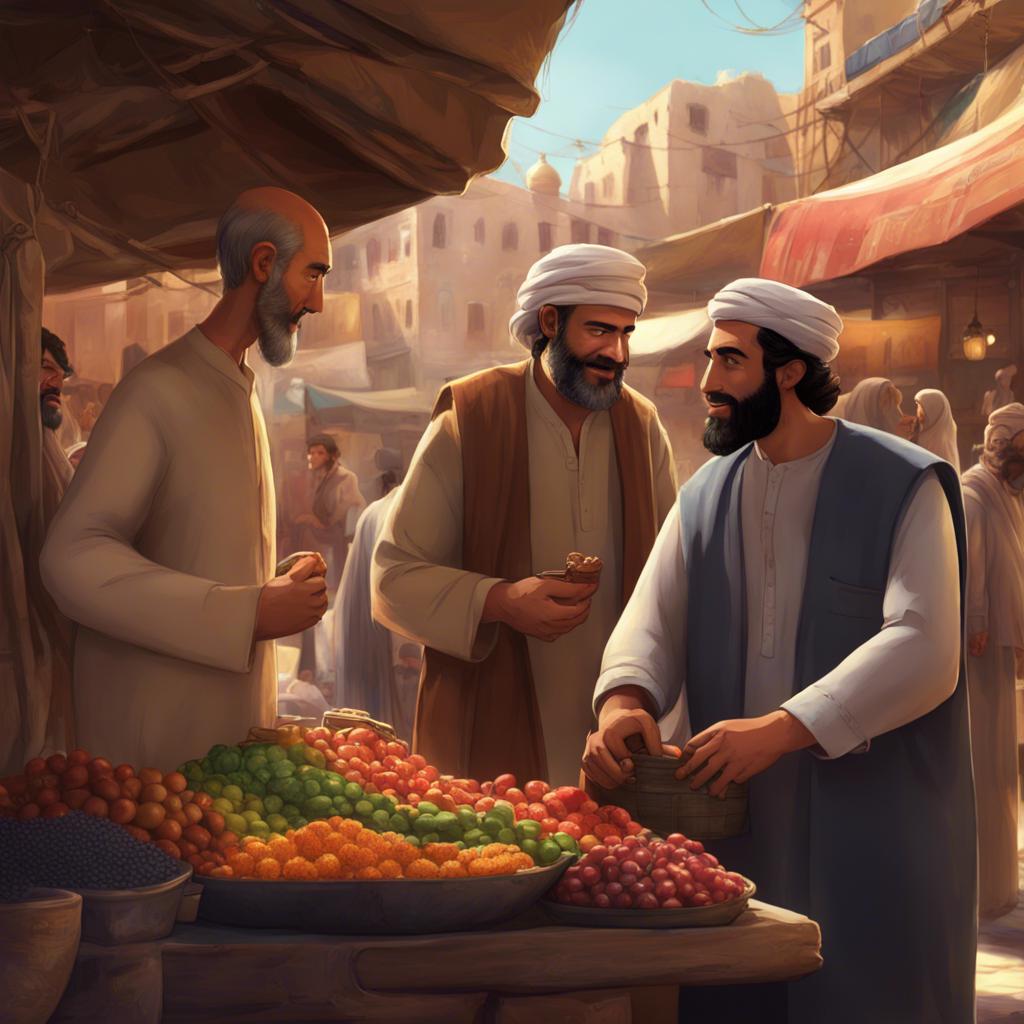 A market scene with two men talking, Abdullah is a middle-aged Arab man with short black hair, wearing a traditional thobe, while Abdul Nabi is also middle-aged with a beard, in another thobe, discussing with intensity, vibrant colors, warm atmosphere, realistic details