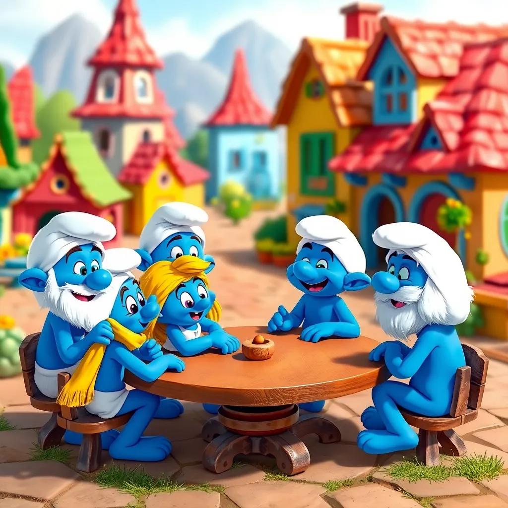 A group of little blue creatures, Smurfs, sitting around a table in a colorful village, discussing with animated expressions, digital art, vibrant colors, cheerful atmosphere, high quality