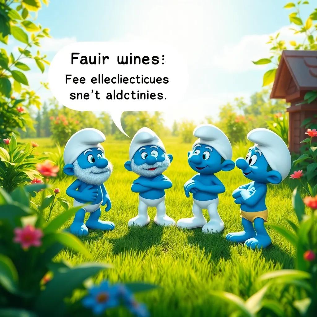 Little blue creatures, Smurfs, talking animatedly in a lush green garden about fairness in elections, depicting shadows of their surroundings under a bright sun, friendly, engaging,